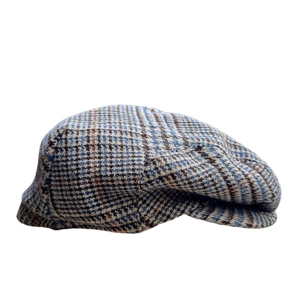 Vintage Plaid Cabbie Flat Cap Newsboy Hat with Ear Flaps Blue Brown Check